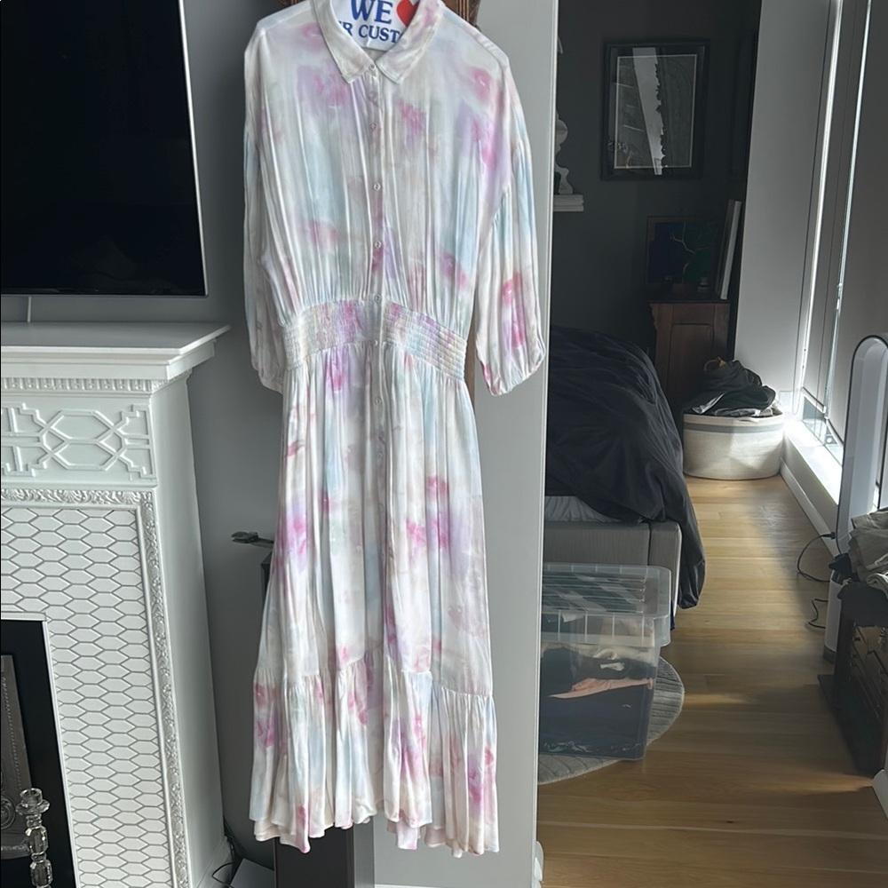 Z Supply Tie-Dye Long Sleeve Dress - Pink and White